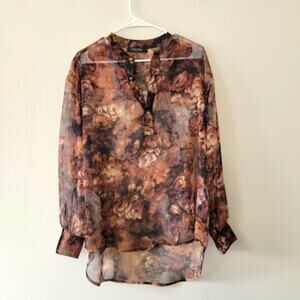 Caara floral Sheer Long Sleeve Blouse Large Brown Rose